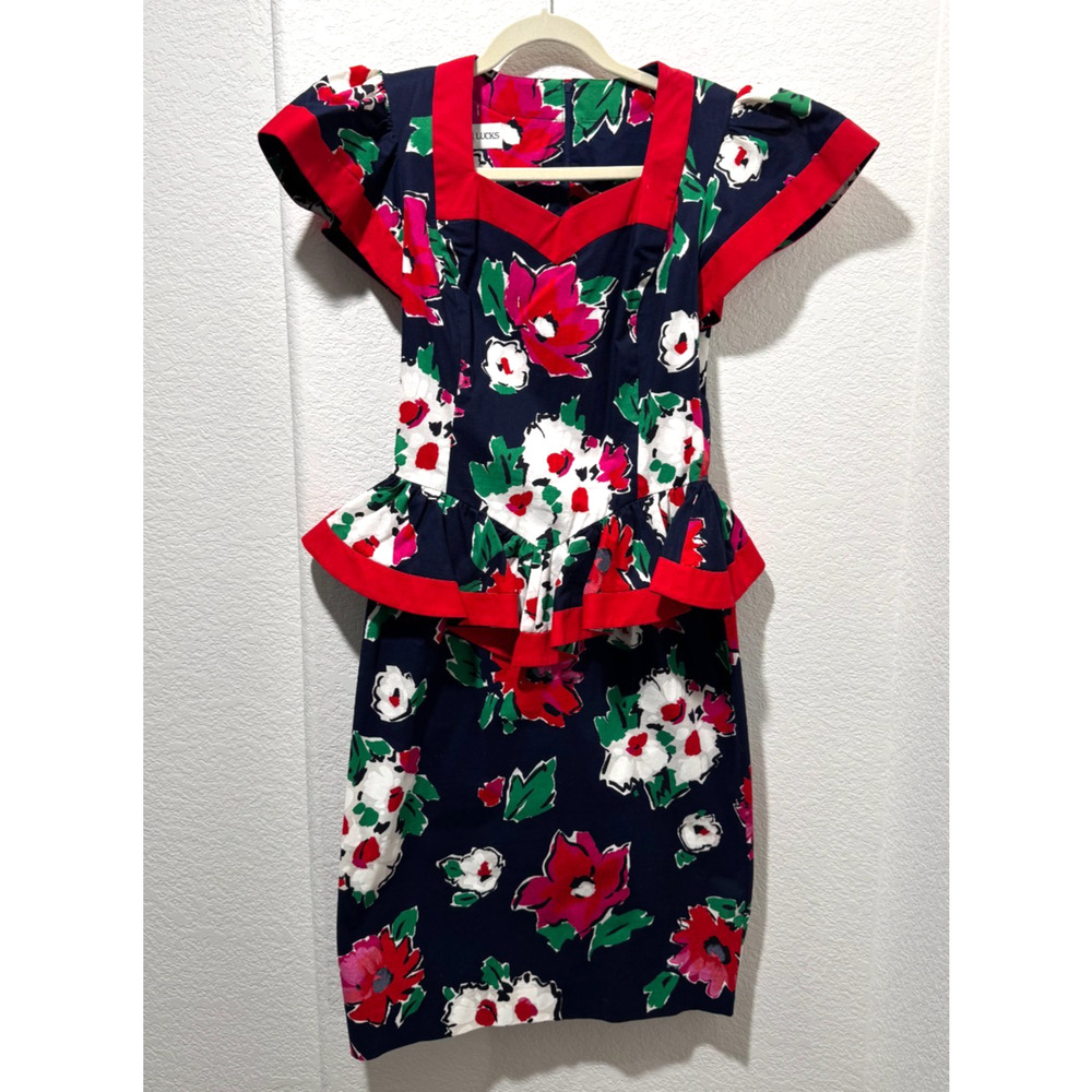 Vtg 1980s Leslie Lucks Peplum Dress Floral Fitted Sz 6 Red Dk Blue Cap Sleeve